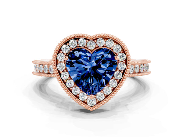 Rose gold Heart Cut Halo Diamond Engagement Ring with Milgrain Pave Band and Four-Prong Setting