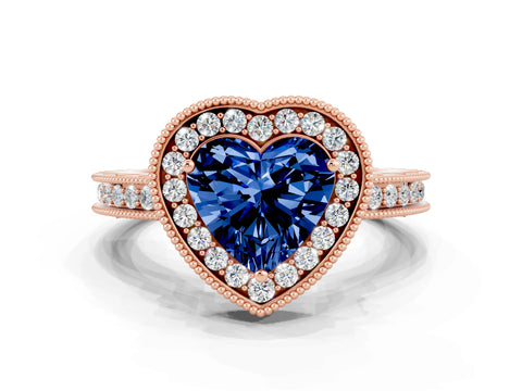 Rose gold Heart Cut Halo Diamond Engagement Ring with Milgrain Pave Band and Four-Prong Setting