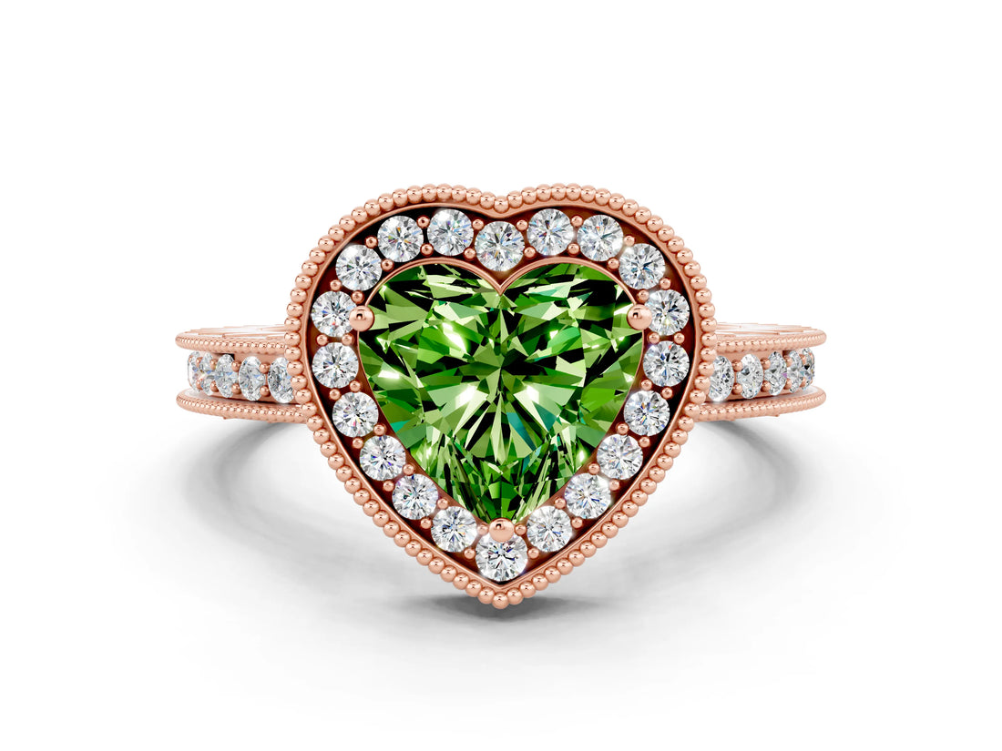 Rose gold Heart Cut Halo Diamond Engagement Ring with Milgrain Pave Band and Four-Prong Setting