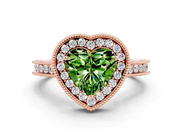 Rose gold Heart Cut Halo Diamond Engagement Ring with Milgrain Pave Band and Four-Prong Setting