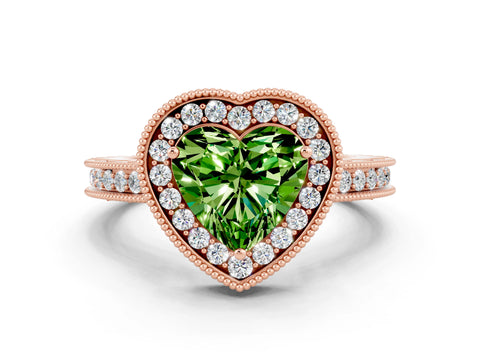 Rose gold Heart Cut Halo Diamond Engagement Ring with Milgrain Pave Band and Four-Prong Setting