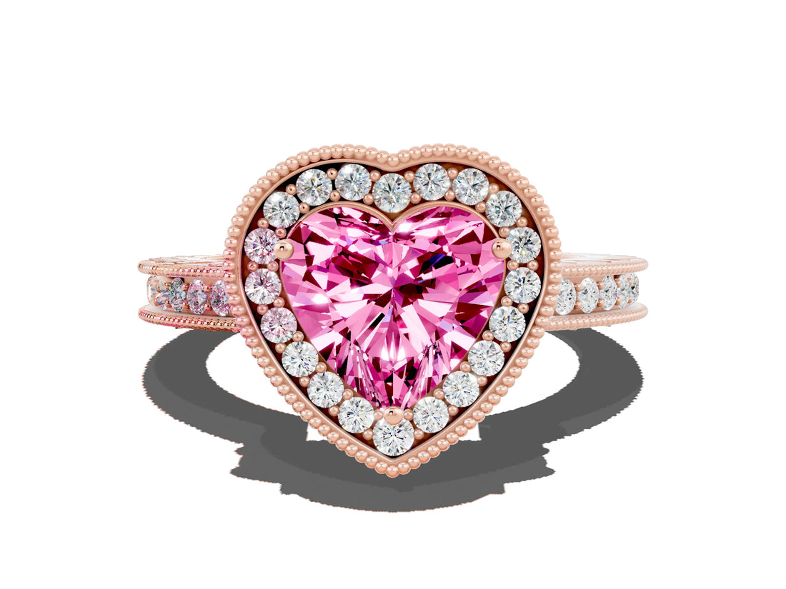 Rose gold Heart Cut Halo Diamond Engagement Ring with Milgrain Pave Band and Four-Prong Setting