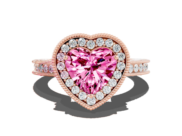 Rose gold Heart Cut Halo Diamond Engagement Ring with Milgrain Pave Band and Four-Prong Setting