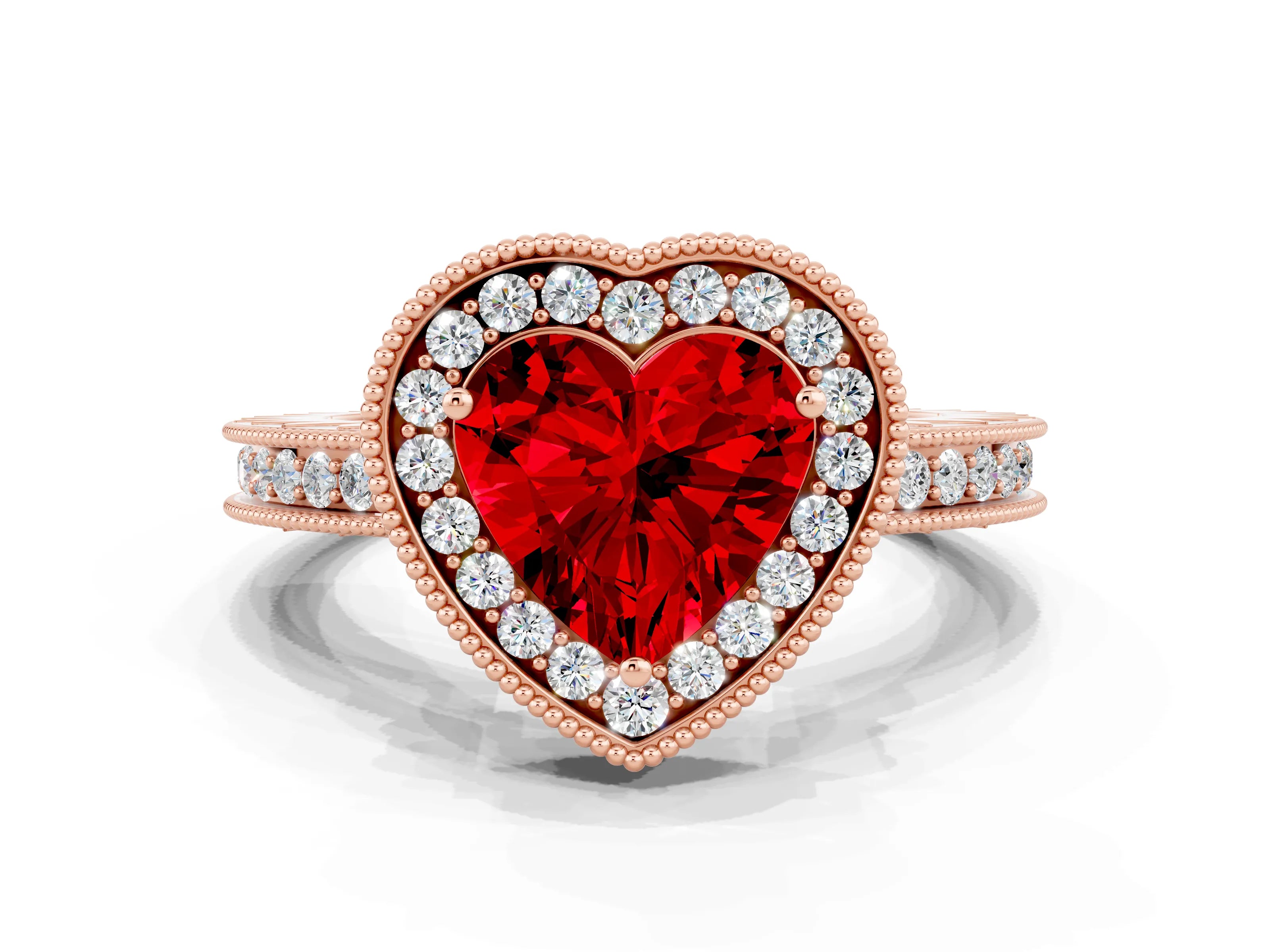 Rose gold Heart Cut Halo Diamond Engagement Ring with Milgrain Pave Band and Four-Prong Setting
