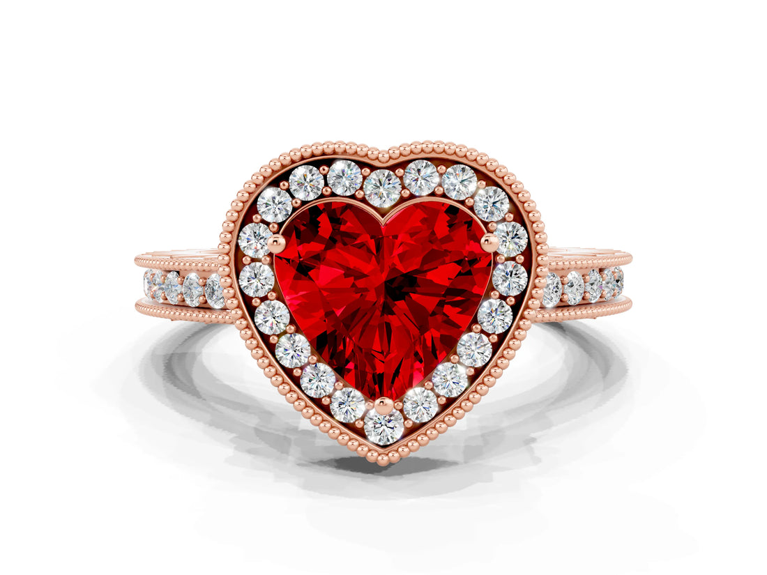 Rose gold Heart Cut Halo Diamond Engagement Ring with Milgrain Pave Band and Four-Prong Setting