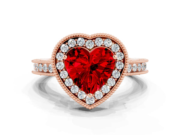 Rose gold Heart Cut Halo Diamond Engagement Ring with Milgrain Pave Band and Four-Prong Setting