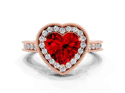 Rose gold Heart Cut Halo Diamond Engagement Ring with Milgrain Pave Band and Four-Prong Setting