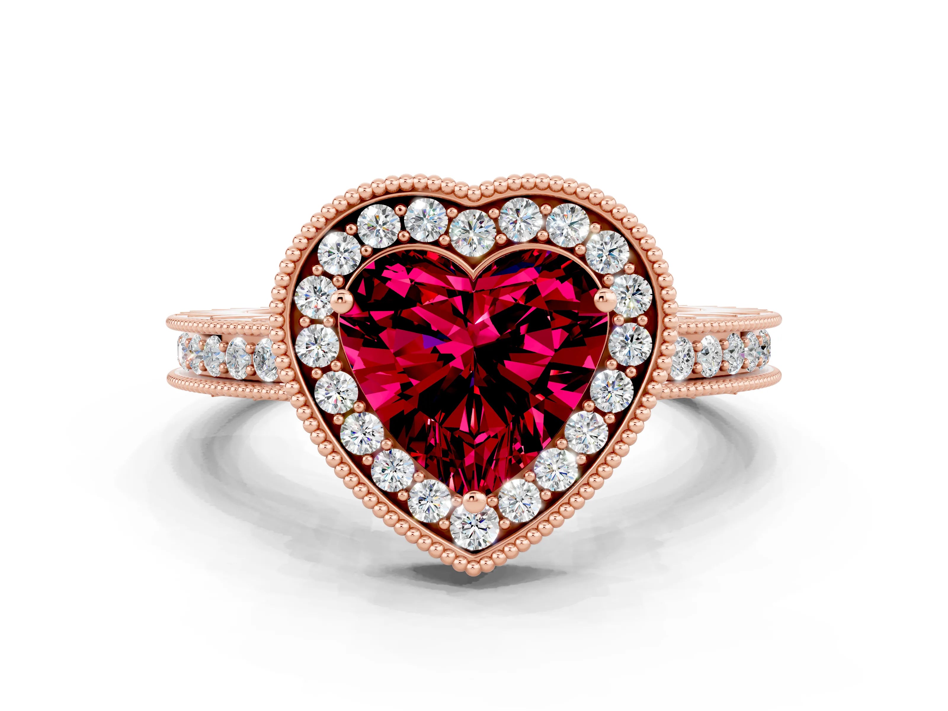 Rose gold Heart Cut Halo Diamond Engagement Ring with Milgrain Pave Band and Four-Prong Setting