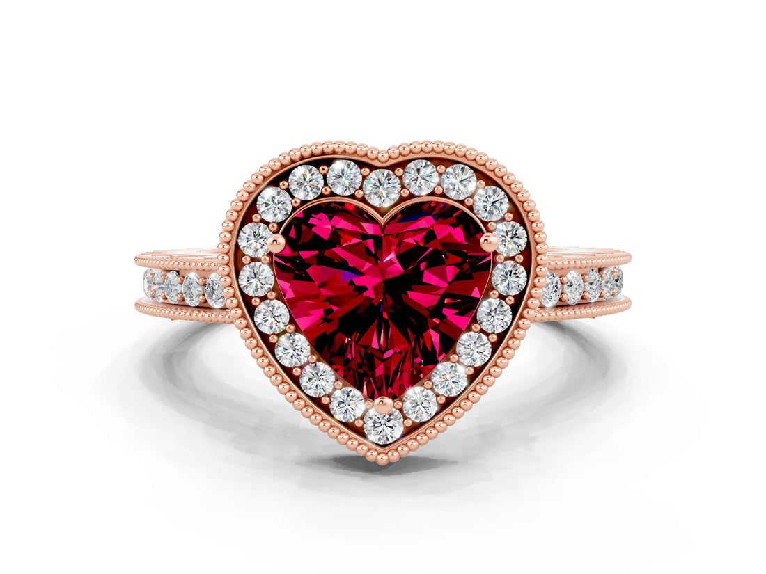 Rose gold Heart Cut Halo Diamond Engagement Ring with Milgrain Pave Band and Four-Prong Setting