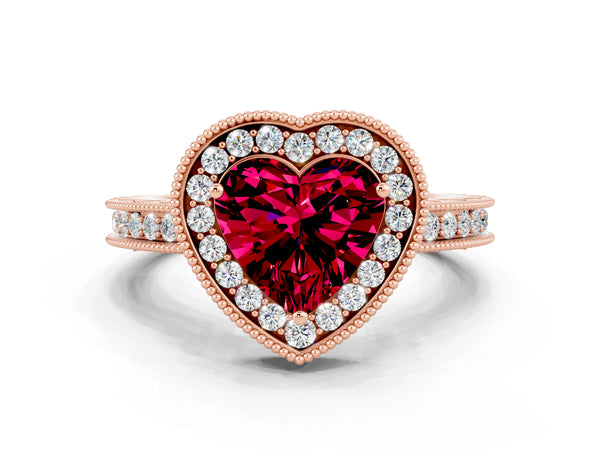 Rose gold Heart Cut Halo Diamond Engagement Ring with Milgrain Pave Band and Four-Prong Setting