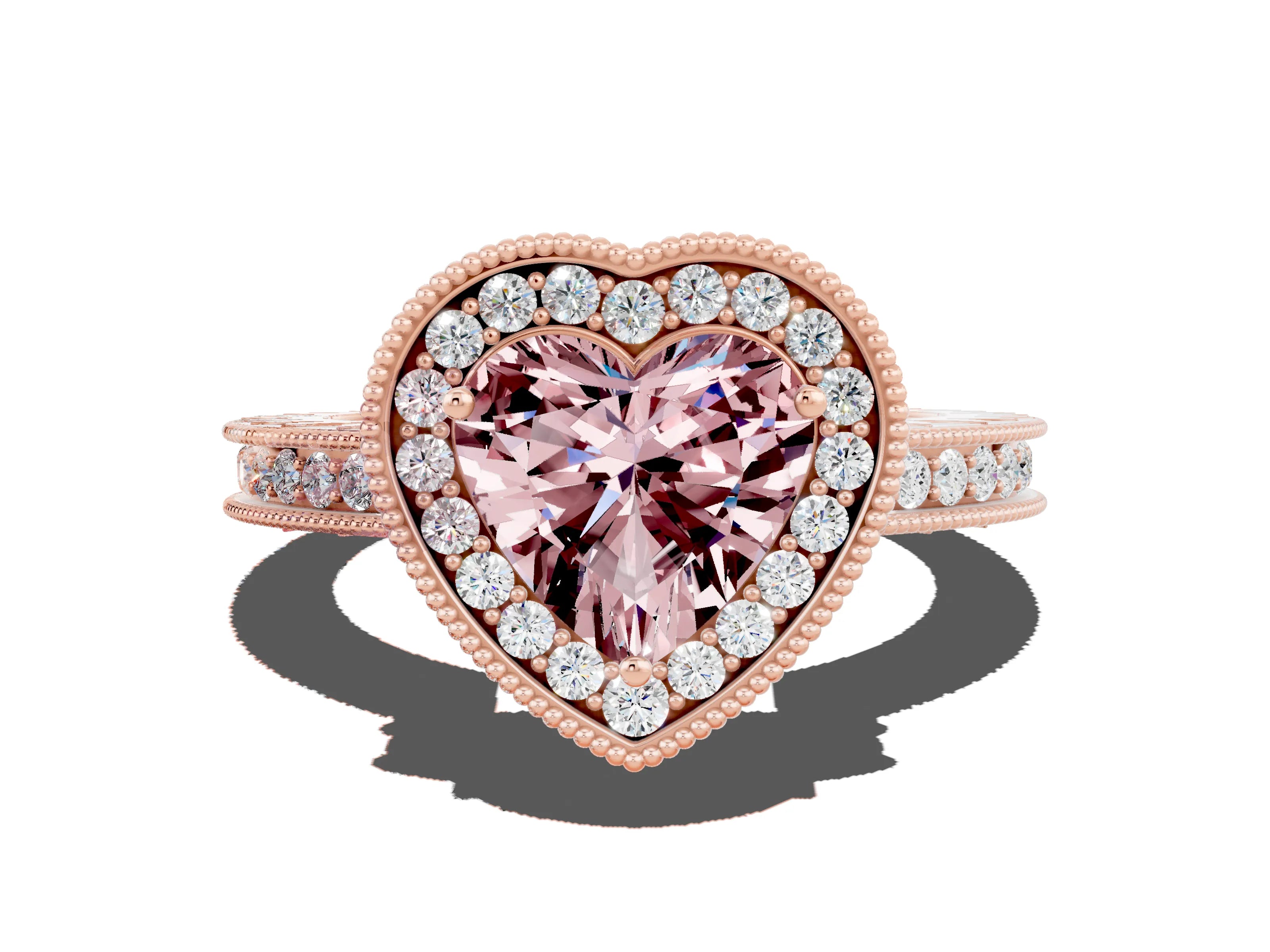 Rose gold Heart Cut Halo Diamond Engagement Ring with Milgrain Pave Band and Four-Prong Setting