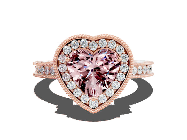 Rose gold Heart Cut Halo Diamond Engagement Ring with Milgrain Pave Band and Four-Prong Setting