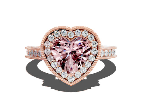 Rose gold Heart Cut Halo Diamond Engagement Ring with Milgrain Pave Band and Four-Prong Setting
