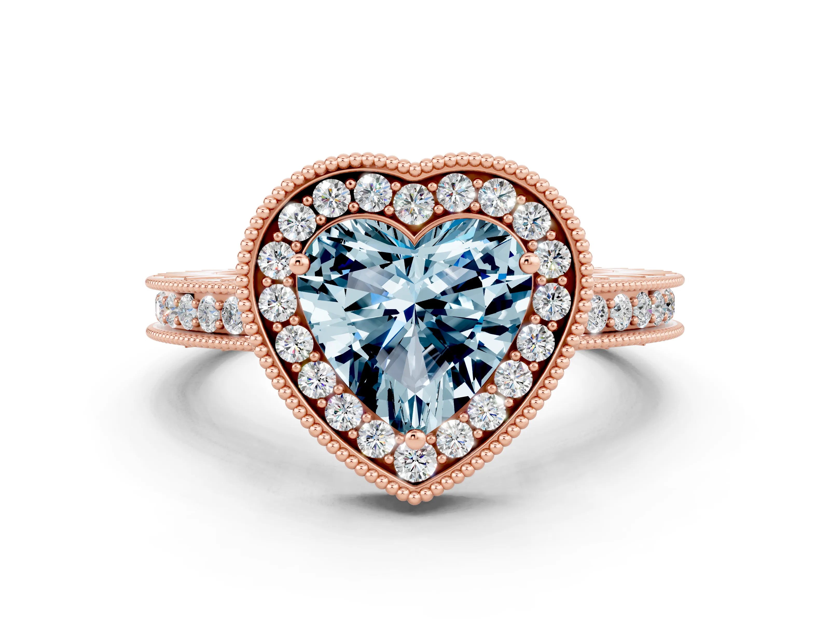 Rose gold Heart Cut Halo Diamond Engagement Ring with Milgrain Pave Band and Four-Prong Setting