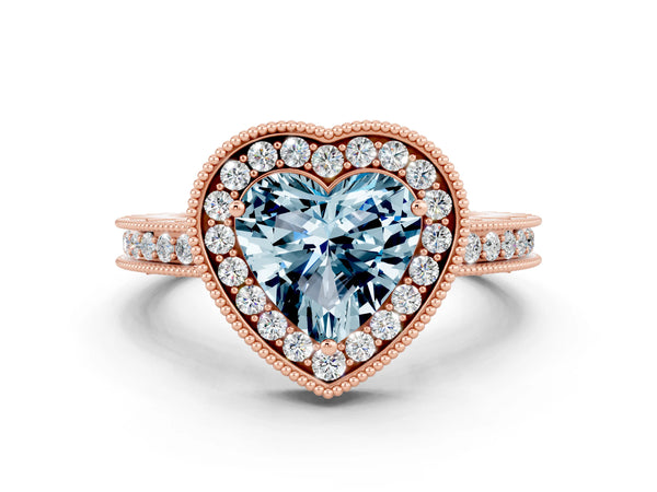 Rose gold Heart Cut Halo Diamond Engagement Ring with Milgrain Pave Band and Four-Prong Setting