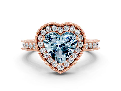 Rose gold Heart Cut Halo Diamond Engagement Ring with Milgrain Pave Band and Four-Prong Setting