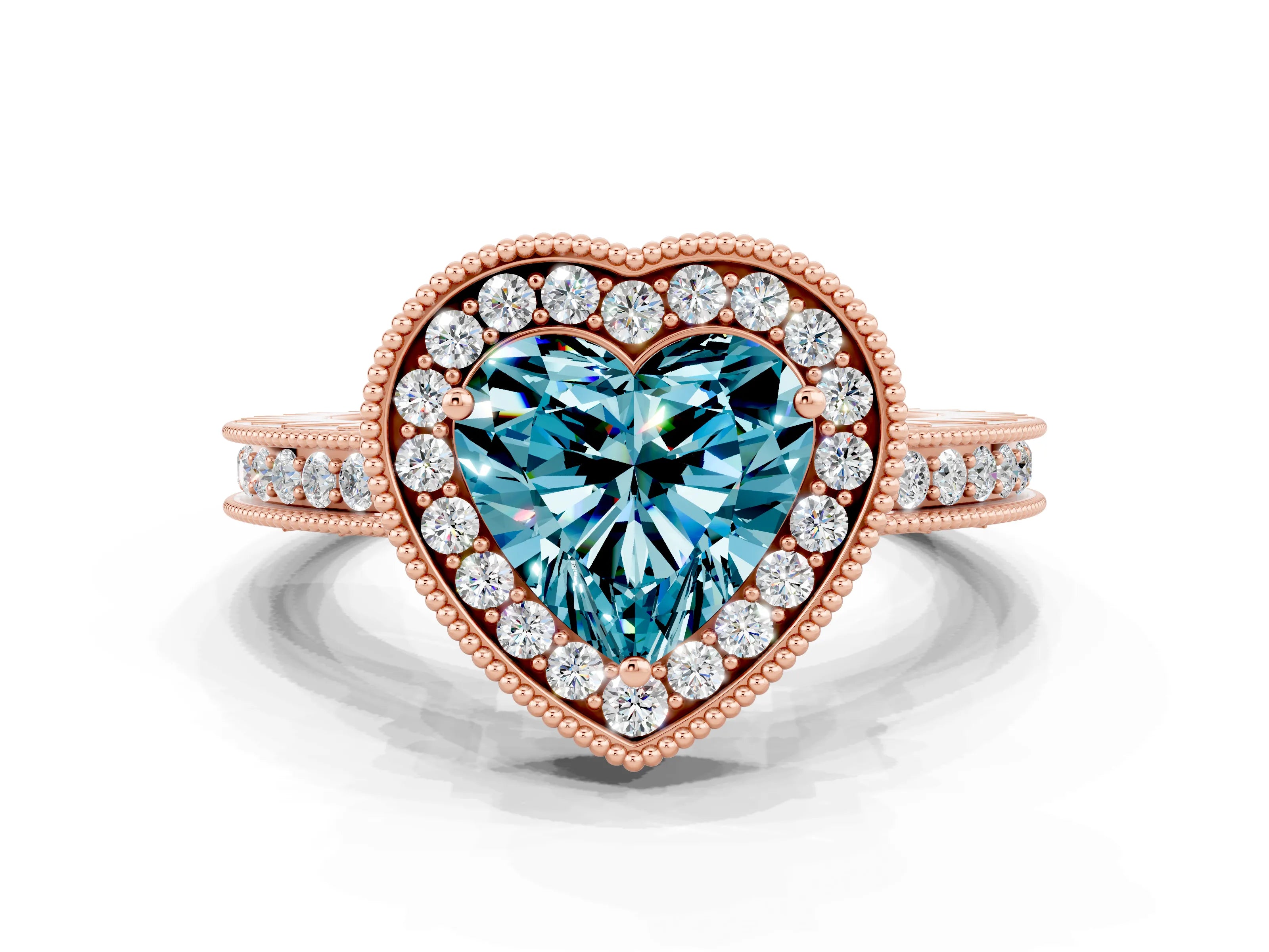 Rose gold Heart Cut Halo Diamond Engagement Ring with Milgrain Pave Band and Four-Prong Setting