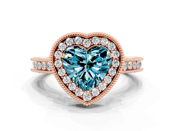 Rose gold Heart Cut Halo Diamond Engagement Ring with Milgrain Pave Band and Four-Prong Setting