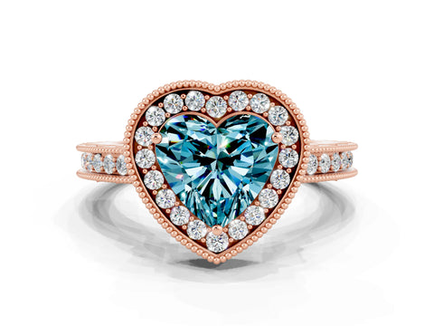 Rose gold Heart Cut Halo Diamond Engagement Ring with Milgrain Pave Band and Four-Prong Setting