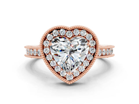 Rose gold Heart Cut Halo Diamond Engagement Ring with Milgrain Pave Band and Four-Prong Setting