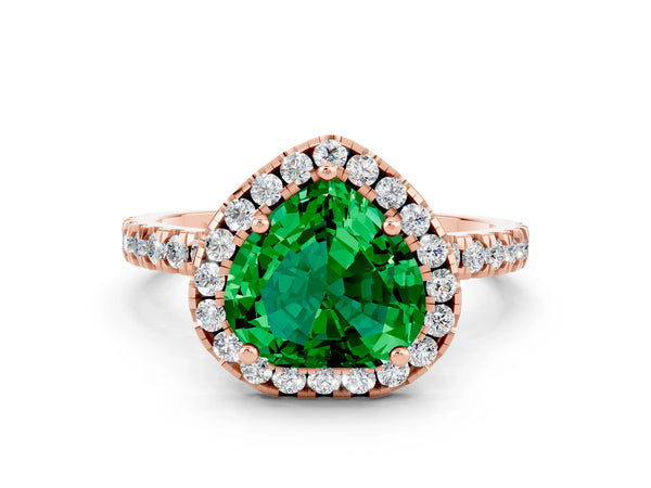 Rose gold Heart Cut Emerald Classic Halo Engagement Ring with Round Pavé Band and Prong Setting