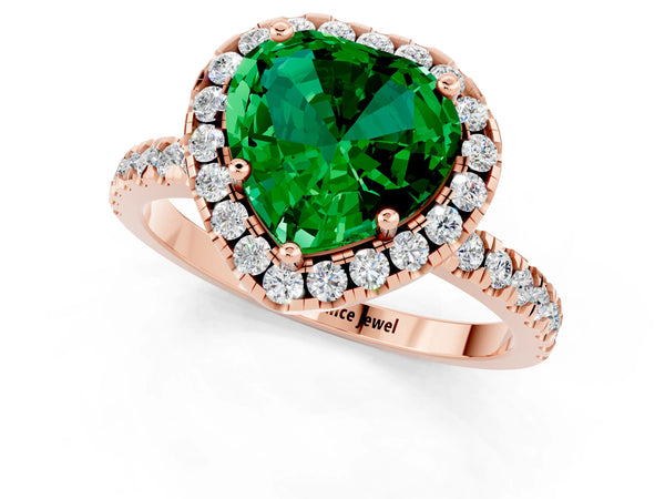 Rose gold Heart Cut Emerald Classic Halo Engagement Ring with Round Pavé Band and Prong Setting