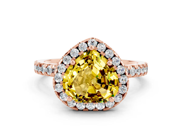 Rose gold Heart Cut Yellow Sapphire Classic Halo Engagement Ring with Round Pavé Band and Prong Setting