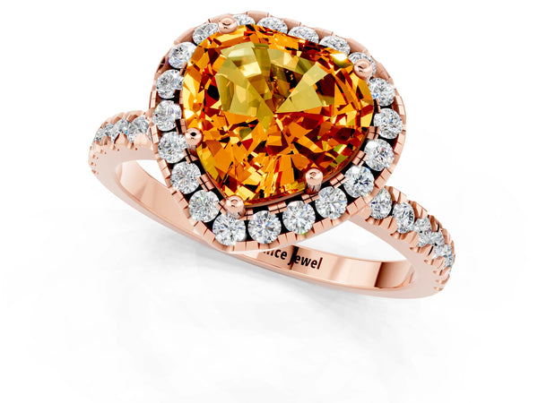 Rose gold Heart Cut Citrine Classic Halo Engagement Ring with Round Pavé Band and Prong Setting