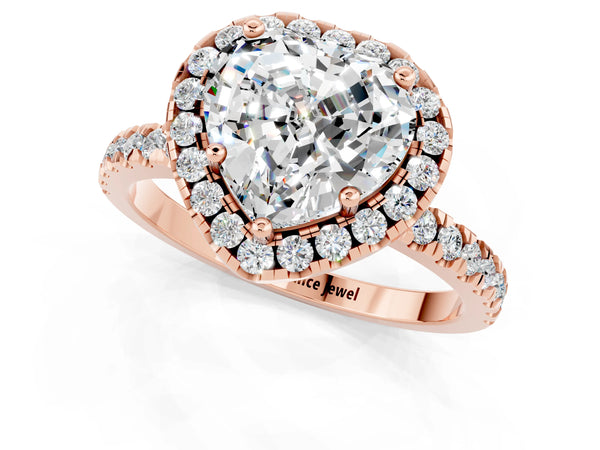 Rose gold Heart Cut Moissanite Classic Halo Engagement Ring with Round Pavé Band and Prong Setting