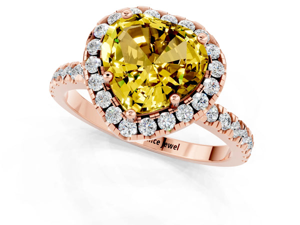 Rose gold Heart Cut Yellow Sapphire Classic Halo Engagement Ring with Round Pavé Band and Prong Setting