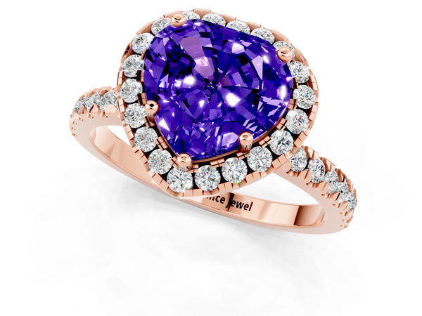 Rose gold Heart Cut Tanzanite Classic Halo Engagement Ring with Round Pavé Band and Prong Setting