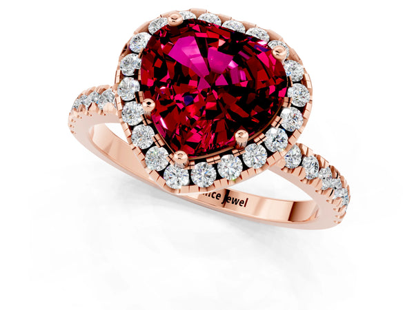 Rose gold Heart Cut Garnet Classic Halo Engagement Ring with Round Pavé Band and Prong Setting