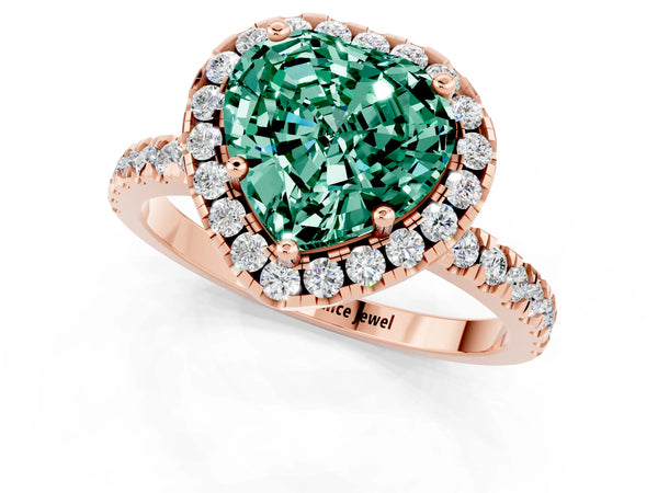 Rose gold Heart Cut Green Sapphire Classic Halo Engagement Ring with Round Pavé Band and Prong Setting