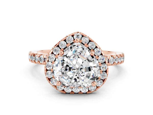 Rose gold Heart Cut Moissanite Classic Halo Engagement Ring with Round Pavé Band and Prong Setting