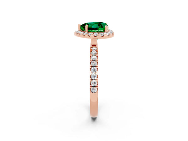 Rose gold Heart Cut Emerald Classic Halo Engagement Ring with Round Pavé Band and Prong Setting