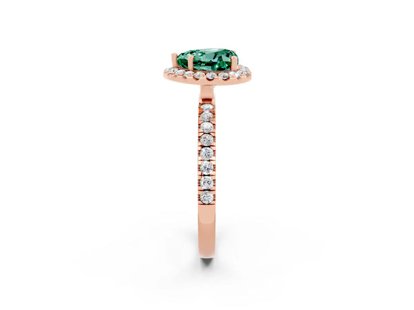 Rose gold Heart Cut Green Sapphire Classic Halo Engagement Ring with Round Pavé Band and Prong Setting