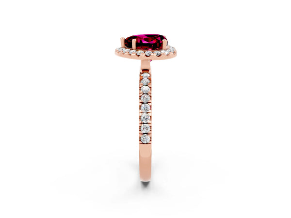Rose gold Heart Cut Garnet Classic Halo Engagement Ring with Round Pavé Band and Prong Setting