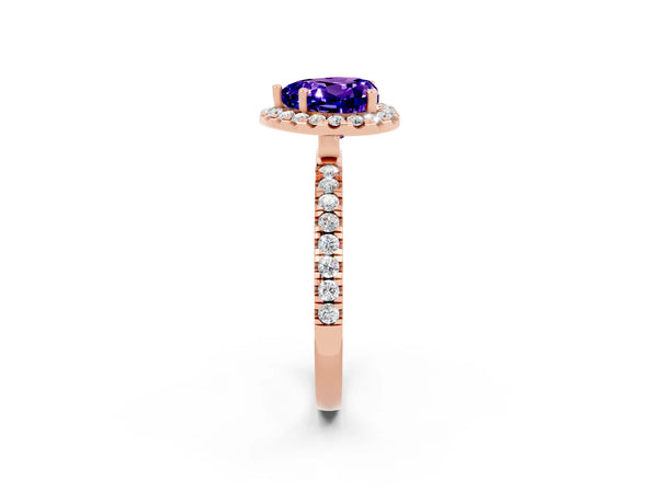 Rose gold Heart Cut Tanzanite Classic Halo Engagement Ring with Round Pavé Band and Prong Setting