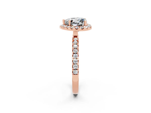 Rose gold Heart Cut Moissanite Classic Halo Engagement Ring with Round Pavé Band and Prong Setting