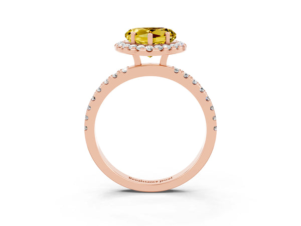Rose gold Heart Cut Yellow Sapphire Classic Halo Engagement Ring with Round Pavé Band and Prong Setting