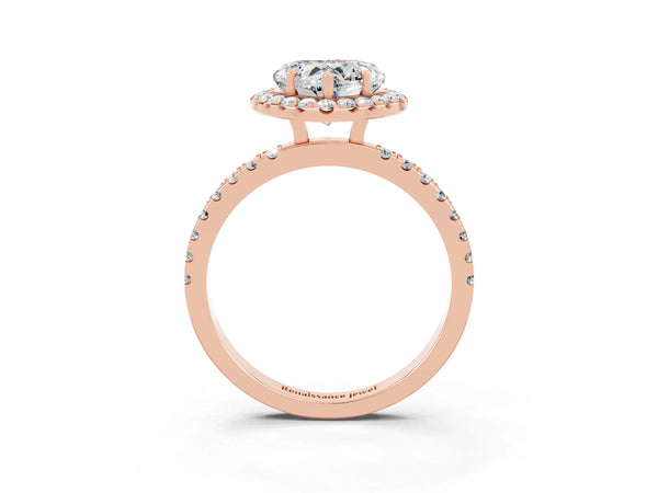 Rose gold Heart Cut Moissanite Classic Halo Engagement Ring with Round Pavé Band and Prong Setting