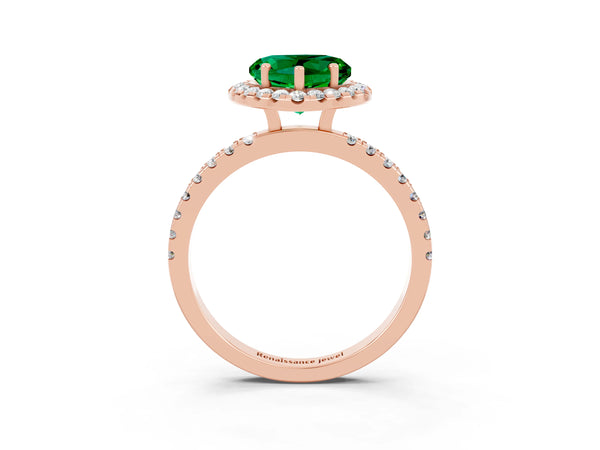 Rose gold Heart Cut Emerald Classic Halo Engagement Ring with Round Pavé Band and Prong Setting