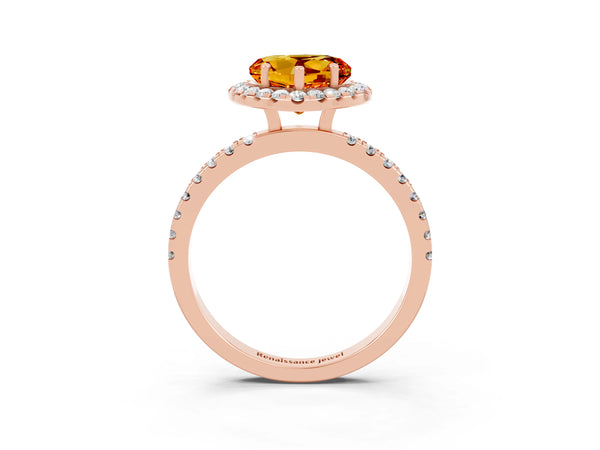 Rose gold Heart Cut Citrine Classic Halo Engagement Ring with Round Pavé Band and Prong Setting