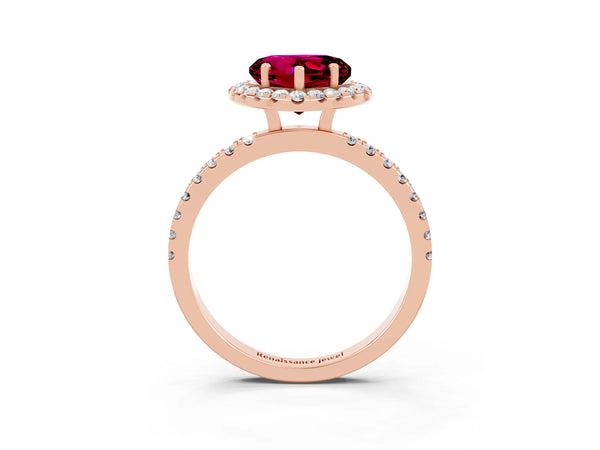 Rose gold Heart Cut Garnet Classic Halo Engagement Ring with Round Pavé Band and Prong Setting
