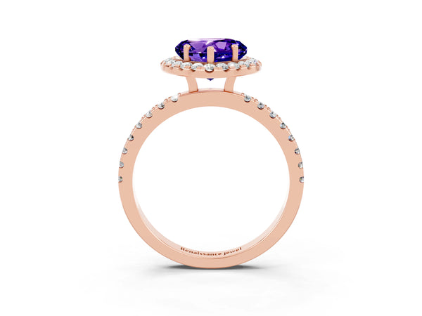 Rose gold Heart Cut Tanzanite Classic Halo Engagement Ring with Round Pavé Band and Prong Setting
