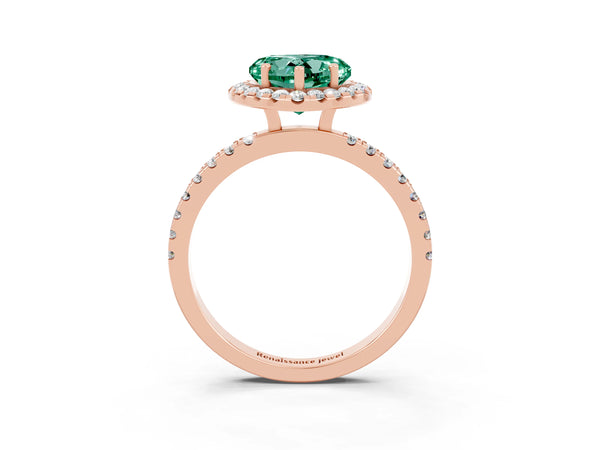 Rose gold Heart Cut Green Sapphire Classic Halo Engagement Ring with Round Pavé Band and Prong Setting