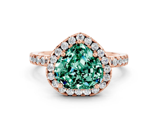 Rose gold Heart Cut Green Sapphire Classic Halo Engagement Ring with Round Pavé Band and Prong Setting