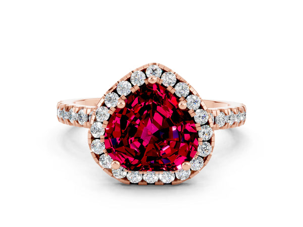 Rose gold Heart Cut Garnet Classic Halo Engagement Ring with Round Pavé Band and Prong Setting