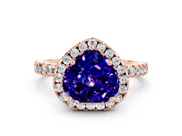 Rose gold Heart Cut Tanzanite Classic Halo Engagement Ring with Round Pavé Band and Prong Setting