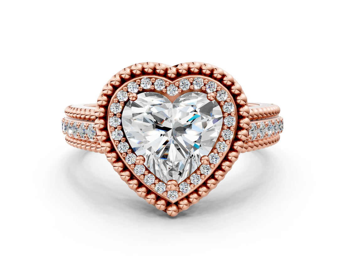 Rose gold Heart Cut Halo Diamond Ring with Beaded Split Shank and Four-Prong Setting_9